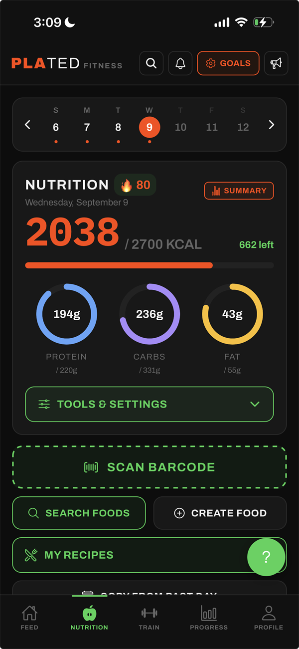 Plated's Nutrition tab: 2,038 of 2,700 kcal logged for the day, protein, carbs and fat rings, and buttons to scan a barcode, search foods, create a food and open recipes.